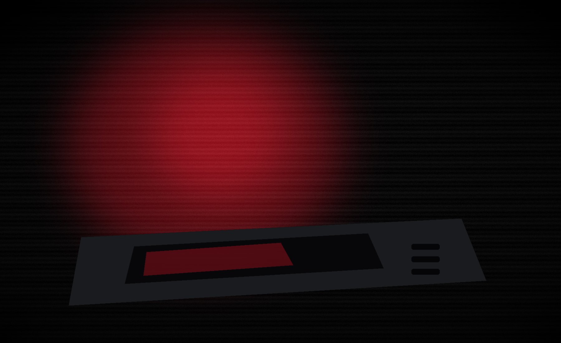 深色桌面上的 REDLINE 壳体静帧，屏幕发出红光。正式产品照片尚未替换。